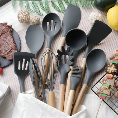 12 Pcs Silicone Kitchen Utensils Set | Heat Resistant Wooden Handle Cooking Tools
