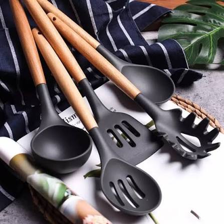 12 Pcs Silicone Kitchen Utensils Set | Heat Resistant Wooden Handle Cooking Tools